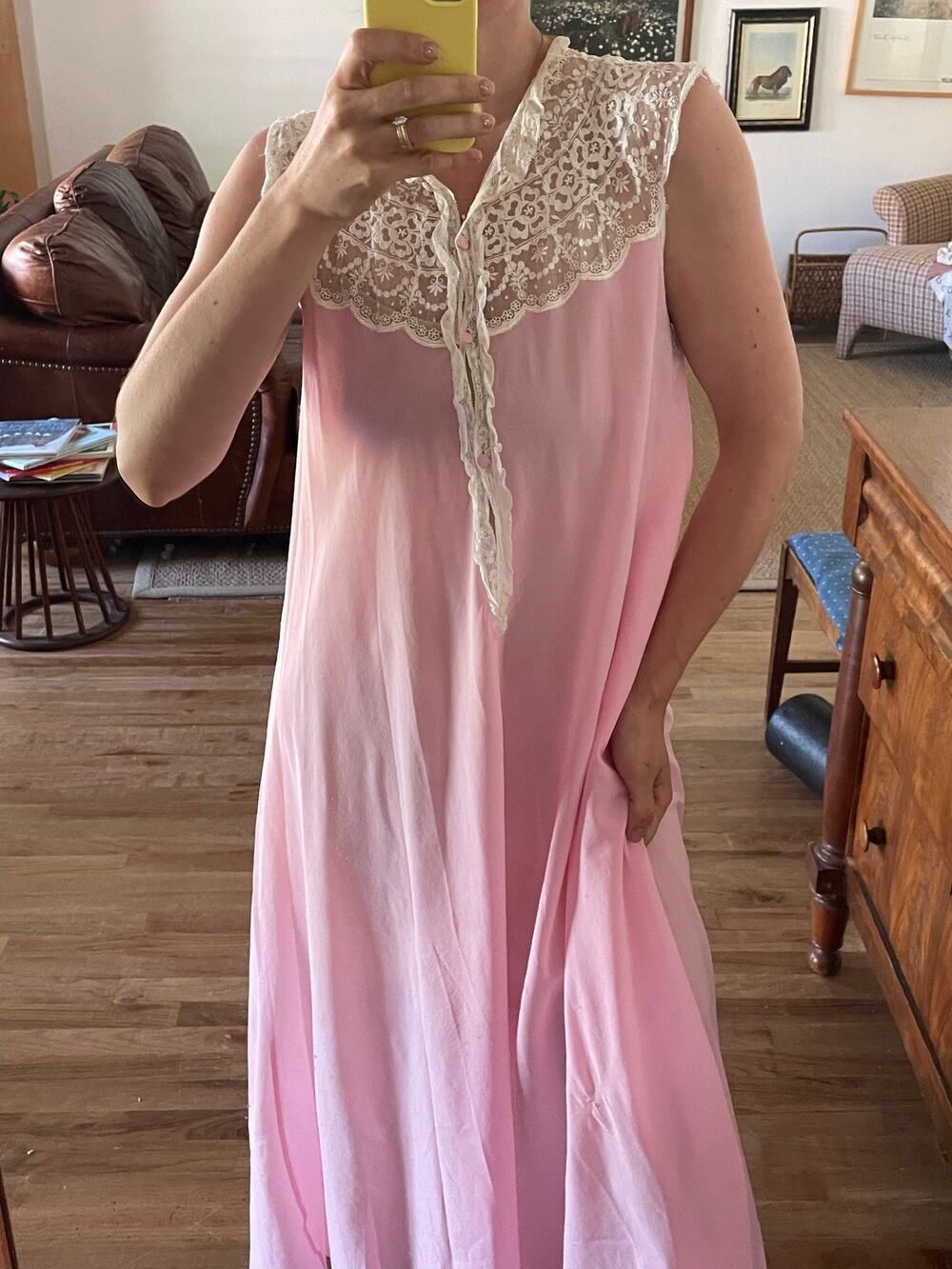Vintage Nylon Lace Neckline Slip Dress Size Small